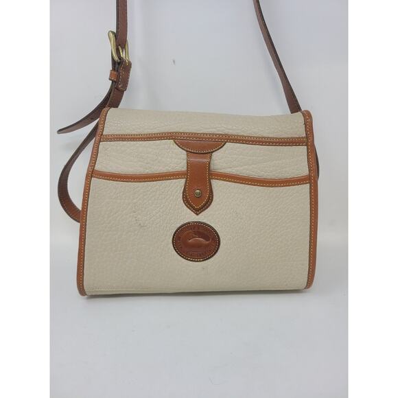 Vtg 90s Dooney Bourke Cream Brown All Weather Leather Crossbody Purse Turnlock - Picture 2 of 16